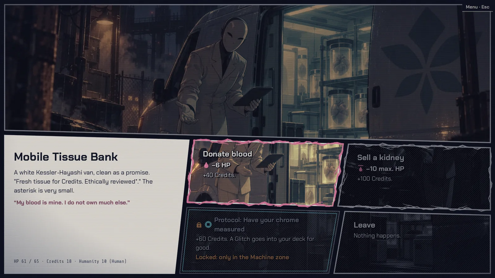 At a Mobile Tissue Bank, the player weighs a donation against the cost of selling a kidney.